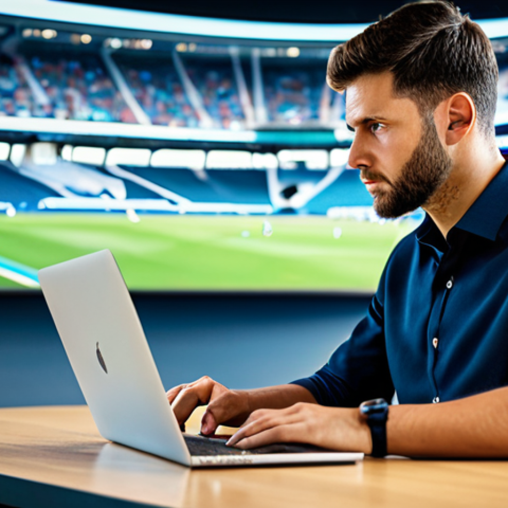 A dedicated male professional, in a modern university setting, intently focused on a laptop and a large screen displaying complex sports analytics data and strategic plans. He is wearing a modest business casual shirt and trousers, fully clothed, appropriate attire, engaged in deep study. The background features blurred, subtle imagery of sports stadiums and team logos, emphasizing the educational journey. High-quality professional photography, natural pose, perfect anatomy, correct proportions, well-formed hands, proper finger count, natural body proportions, safe for work, appropriate content, professional.