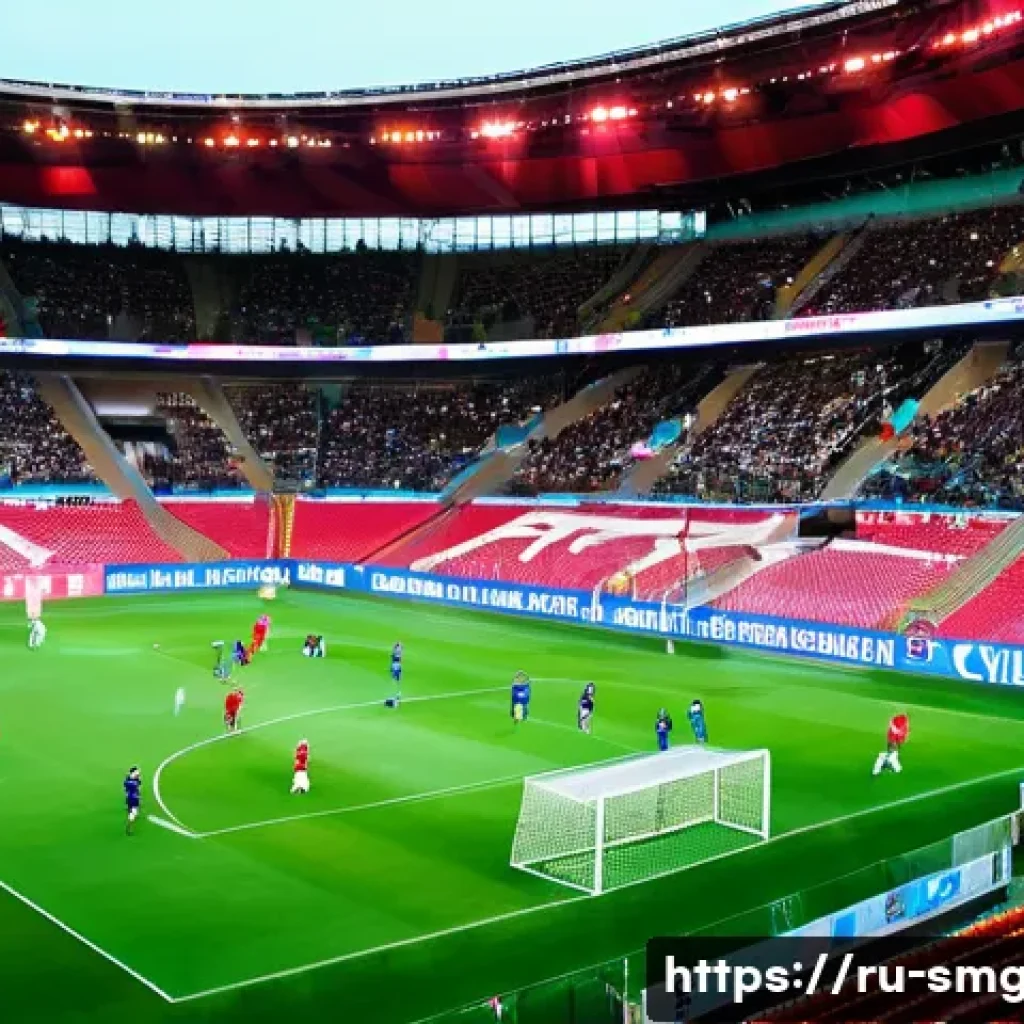 스포츠경영관리사와 팬 인터뷰 사례 - A vibrant, modern sports stadium filled with enthusiastic fans using mobile apps on their smartphone...