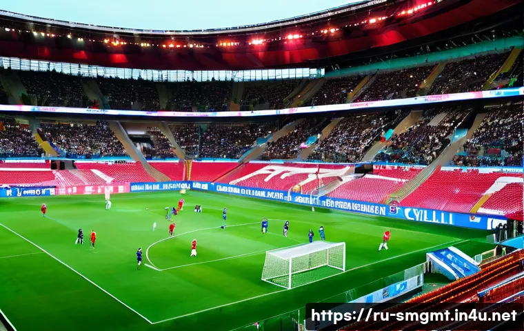 스포츠경영관리사와 팬 인터뷰 사례 - A vibrant, modern sports stadium filled with enthusiastic fans using mobile apps on their smartphone...