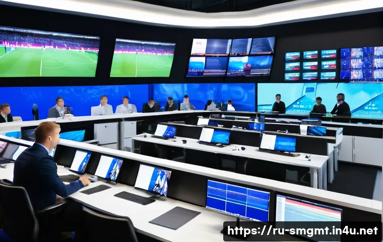스포츠경영관리사와 방송권 협상 - A modern sports broadcasting control room filled with multiple high-definition screens showing live ...