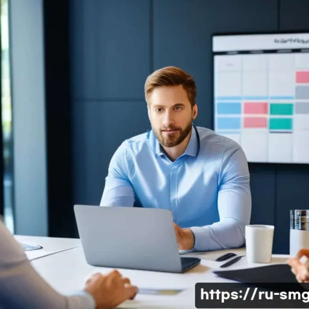 스포츠경영관리사와 스포츠 취업 인터뷰 - A professional sports manager in a modern office environment, dressed in business casual attire, act...