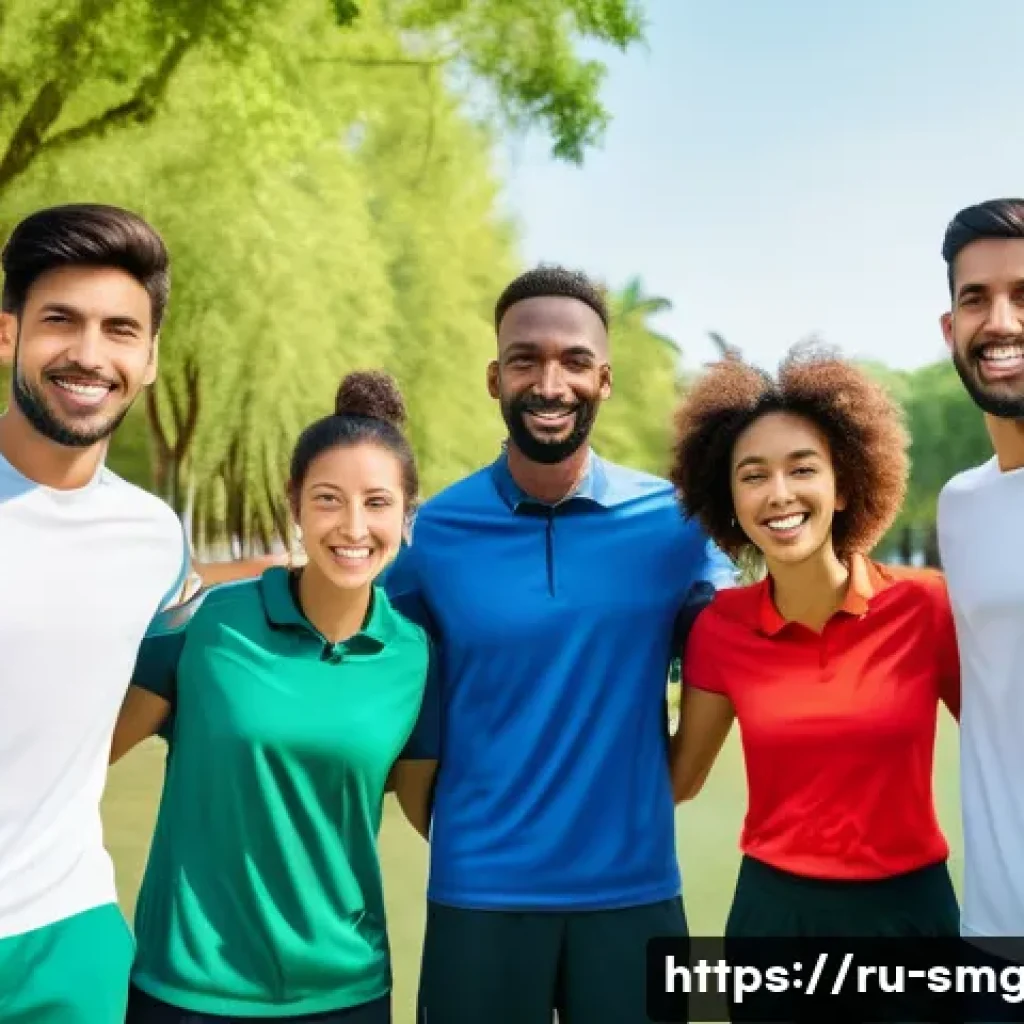 스포츠경영관리사와 리더십 개발 - A diverse multinational sports team engaged in a lively outdoor team-building activity, wearing mode...