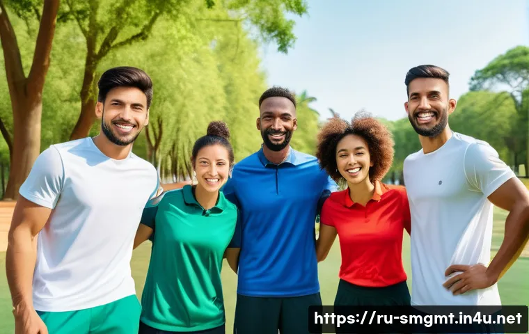 스포츠경영관리사와 리더십 개발 - A diverse multinational sports team engaged in a lively outdoor team-building activity, wearing mode...