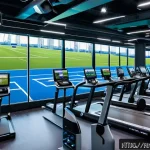 Home 22 스포츠경영관리사와 스포츠 훈련시설 관리 - A modern sports complex interior showcasing advanced digital equipment and automated scheduling syst...