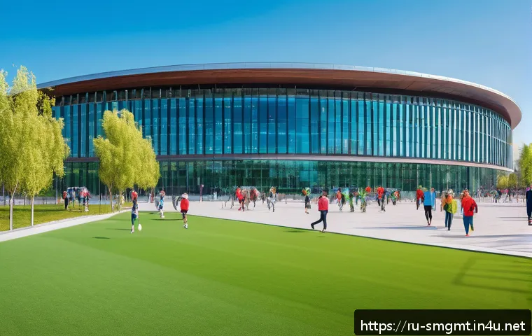 스포츠경영관리사와 스포츠 정책 분석 - A modern Russian sports complex featuring a large, newly built stadium with bright LED lighting and ...