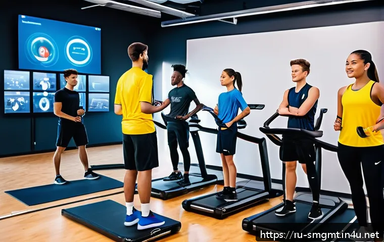 스포츠경영관리사와 청소년 스포츠 활동 - A dynamic youth sports training session in a modern indoor gym equipped with digital technology, fea...